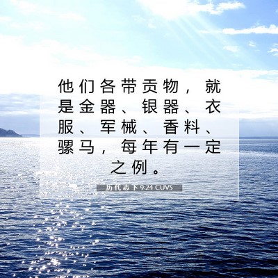 Picture 07 - 历 代 志 下 9:24 CUVS - 他 们 各 带 贡 物 ， 就 是 金 器 、 - Bible Verse Picture