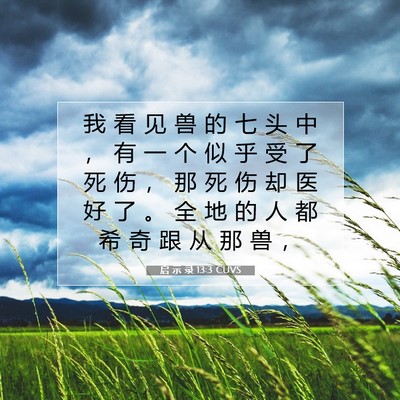 Picture 07 - 启 示 录 13:3 CUVS - 我 看 见 兽 的 七 头 中 ， 有 一 个 - Bible Verse Picture