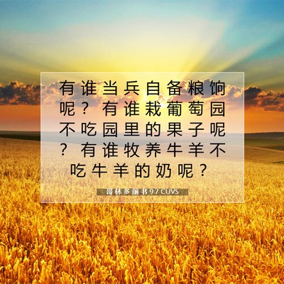 Picture 07 - 哥 林 多 前 书 9:7 CUVS - 有 谁 当 兵 自 备 粮 饷 呢 ？ 有 谁 - Bible Verse Picture