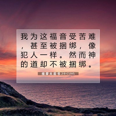 Picture 07 - 提 摩 太 后 书 2:9 CUVS - 我 为 这 福 音 受 苦 难 ， 甚 至 被 - Bible Verse Picture