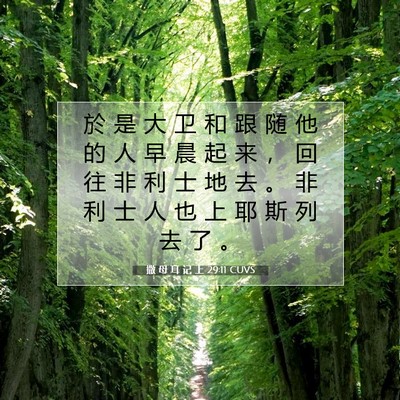 Picture 07 - 撒 母 耳 记 上 29:11 CUVS - 於 是 大 卫 和 跟 随 他 的 人 早 晨 - Bible Verse Picture