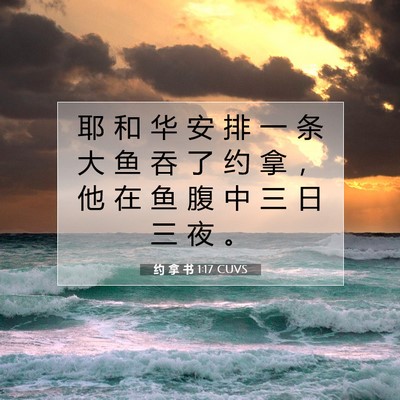 Picture 07 - 约 拿 书 1:17 CUVS - 耶 和 华 安 排 一 条 大 鱼 吞 了 约 - Bible Verse Picture
