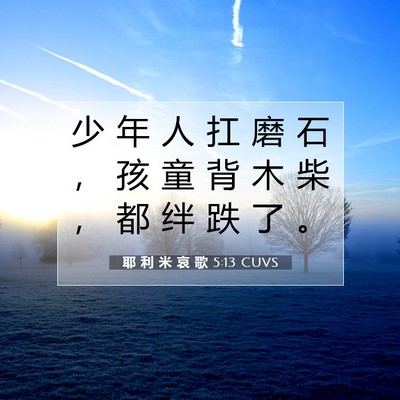 Picture 07 - 耶 利 米 哀 歌 5:13 CUVS - 少 年 人 扛 磨 石 ， 孩 童 背 木 柴 - Bible Verse Picture