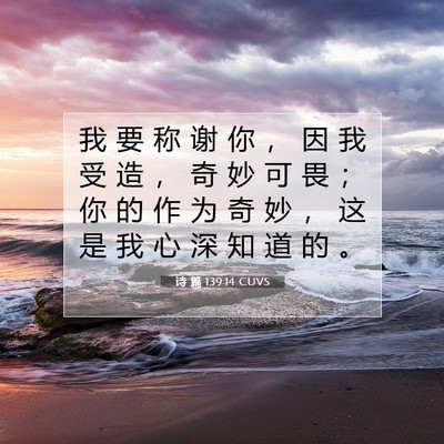 Picture 07 - 诗 篇 139:14 CUVS - 我 要 称 谢 你 ， 因 我 受 造 ， 奇 - Bible Verse Picture