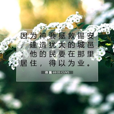 Picture 07 - 诗 篇 69:35 CUVS - 因 为 神 要 拯 救 锡 安 ， 建 造 犹 - Bible Verse Picture