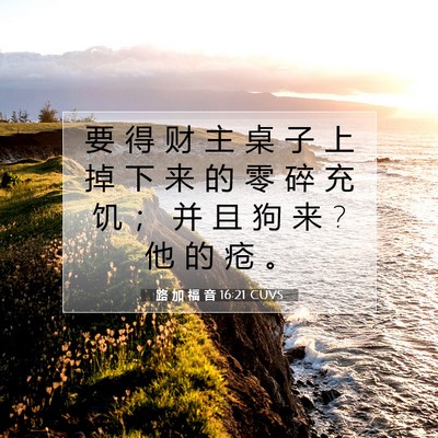 Picture 07 - 路 加 福 音 16:21 CUVS - 要 得 财 主 桌 子 上 掉 下 来 的 零 - Bible Verse Picture