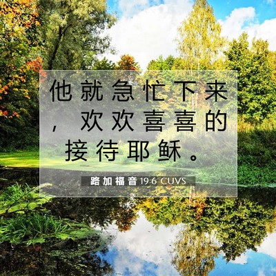Picture 07 - 路 加 福 音 19:6 CUVS - 他 就 急 忙 下 来 ， 欢 欢 喜 喜 的 - Bible Verse Picture