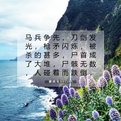 Picture 07 - 那 鸿 书 3:3 CUVS - 马 兵 争 先 ， 刀 剑 发 光 ， 枪 矛 - Bible Verse Picture
