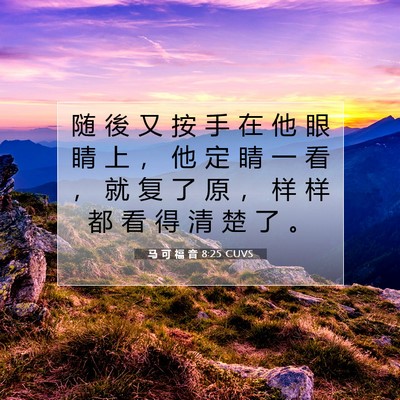 Picture 07 - 马 可 福 音 8:25 CUVS - 随 後 又 按 手 在 他 眼 睛 上 ， 他 - Bible Verse Picture