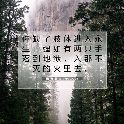 Picture 07 - 马 可 福 音 9:44 CUVS - 你 缺 了 肢 体 进 入 永 生 ， 强 如 - Bible Verse Picture