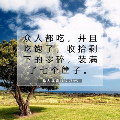 Picture 07 - 马 太 福 音 15:37 CUVS - 众 人 都 吃 ， 并 且 吃 饱 了 ， 收 - Bible Verse Picture