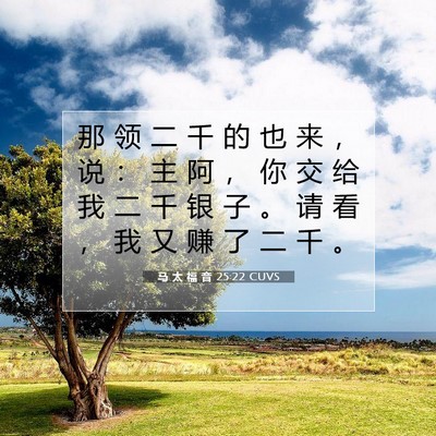 Picture 07 - 马 太 福 音 25:22 CUVS - 那 领 二 千 的 也 来 ， 说 ： 主 阿 - Bible Verse Picture