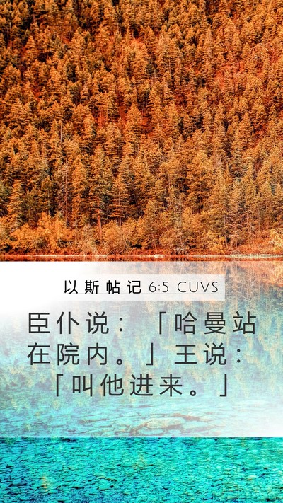 以 斯 帖 记 6:5 CUVS Mobile Phone Wallpaper - 臣 仆 说 ： 「 哈 曼 站 在 院 内 。 - Mobile Bible Verse Wallpaper