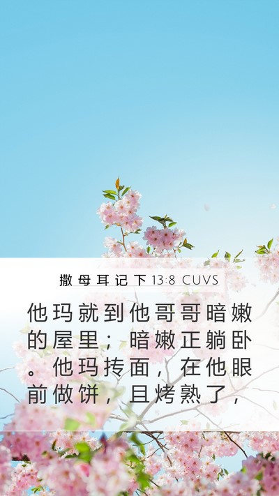 撒 母 耳 记 下 13:8 CUVS Mobile Phone Wallpaper - 他 玛 就 到 他 哥 哥 暗 嫩 的 屋 里 - Mobile Bible Verse Wallpaper