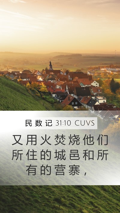 民 数 记 31:10 CUVS Mobile Phone Wallpaper - 又 用 火 焚 烧 他 们 所 住 的 城 邑 - Mobile Bible Verse Wallpaper