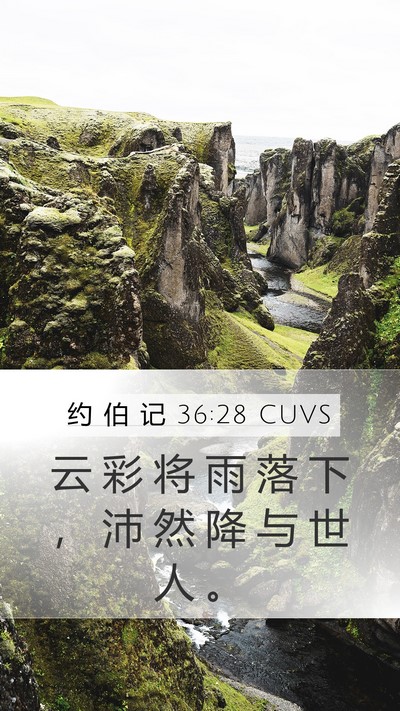约 伯 记 36:28 CUVS Mobile Phone Wallpaper - 云 彩 将 雨 落 下 ， 沛 然 降 与 世 - Mobile Bible Verse Wallpaper