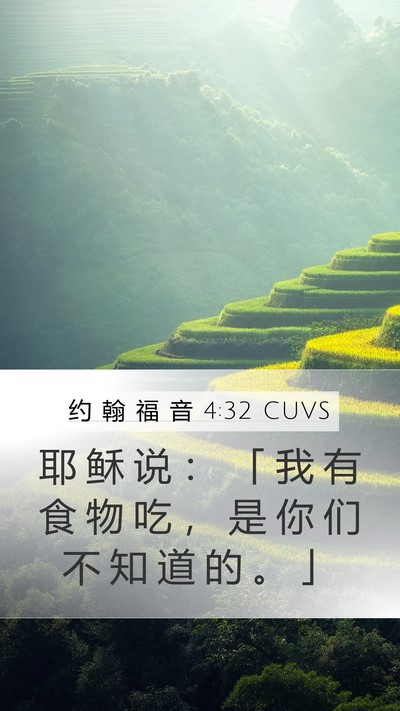 约 翰 福 音 4:32 CUVS Mobile Phone Wallpaper - 耶 稣 说 ： 「 我 有 食 物 吃 ， 是 - Mobile Bible Verse Wallpaper