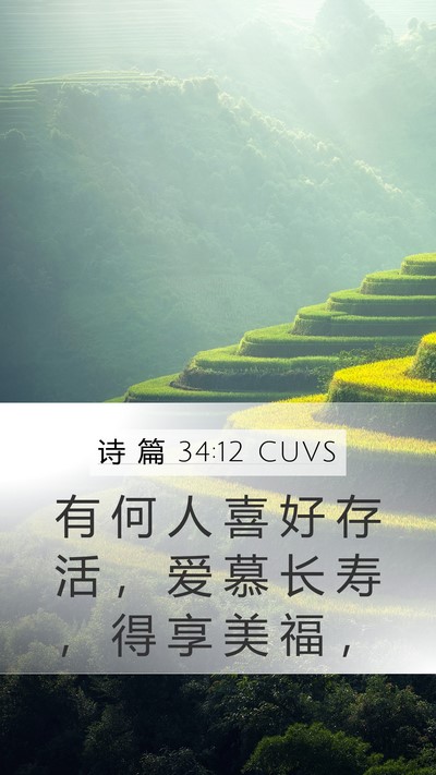 诗 篇 34:12 CUVS Mobile Phone Wallpaper - 有 何 人 喜 好 存 活 ， 爱 慕 长 寿 - Mobile Bible Verse Wallpaper